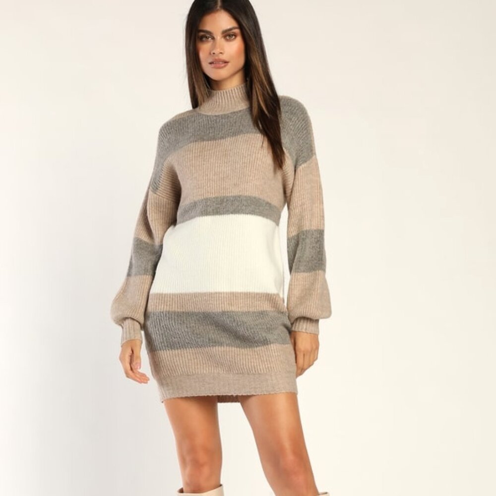 Lulus Casually Comfy Taupe Multi Striped Mock Neck Sweater Dress - Size S